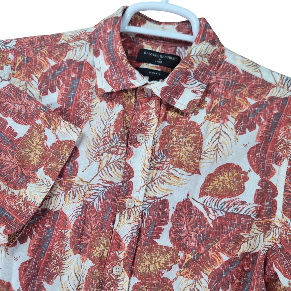Banana Republic Button Up Shirt Mens S Red Tropical Linen Cotton Blend Slim Fit